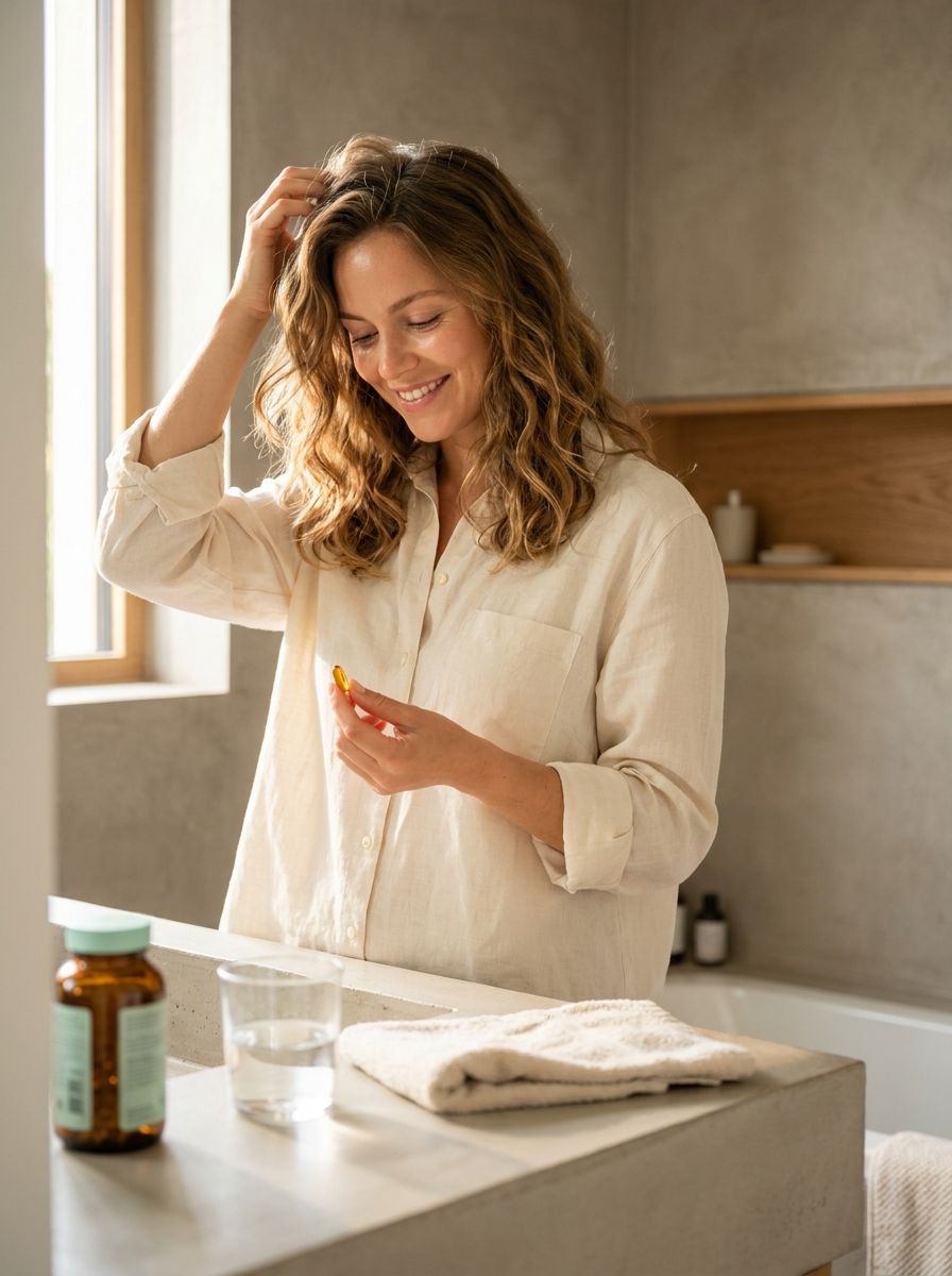 Woman preparing her supplement routine at her dressing table